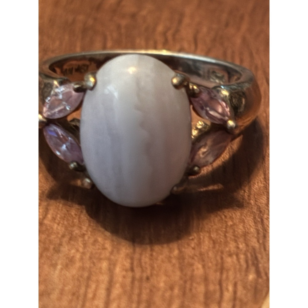 Blue Lace Agate Lavender CZ Sterling Silver Vintage Ring Size 8
